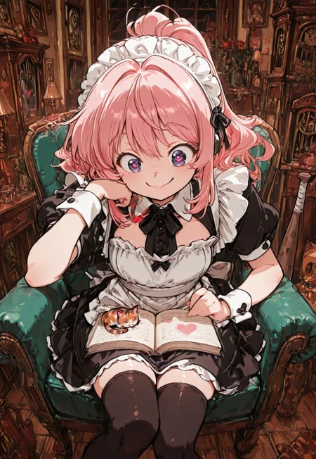 ((tegaki, zzlofi, retro artstyle, perfection style, perfection, perfect)),  newest, absurdres, highres, very aesthetic, sharp focus, ((Masterpiece :1.2)), ((Best quality :1.2)), (ultra-detailed), perfect eyes, (detailed face, beautiful detailed eyes), directional lighting, blooming, from above, from front, Atmospheric perspective, wide angle, 
1girl, CivChan, purple eyes, pink hair, evil smile,heart-shaped pupils, maid apron, maid, maid headdress, thighhighs, wrist cuffs, 
armchair, civbot, book, bookshelf, calico, candle, cat, chair, clock, cup, dalecarlian horse, desk lamp, grandfather clock, holding book, lamp, mug, open book, painting \(object\), pile of books, rafters, reading, sitting, wooden baseball bat,window, wooden floor,