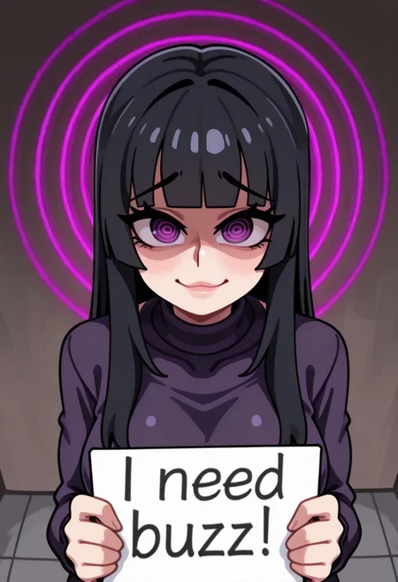 masterpiece,best quality,amazing quality, 1girl, black hair, hime cut, ringed eyes, hypnotizing, purple eyes, fish eye lens, zoomed in on face, smug, smirk, shaded face, from above, looking at viewer, need_buzz, holding sign up, (sign text “need buzz”:1.3),lifnob , spiral overlay, @_@, magic, circle