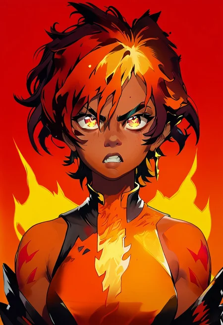 score_9, score_8_up, score_7_up, TKMND, volumetric lighting, portrait, face focus, cel shading,
BREAK
1girl, short hair, red pupils, fire mage, fiery hair, messy hair, dark red hair, leotard, gold patterns on leotard, angry face, sparkling eyes, arcane energy, lava dripping down face, dripping lava, flames in background, flames accentuates features,