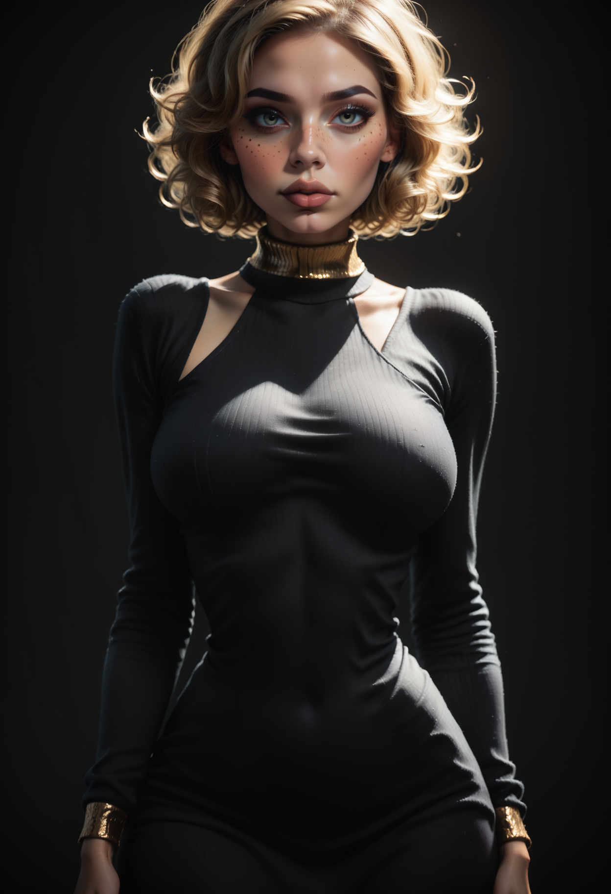 score_9, score_8_up, score_7_up, realistic, 1girl, solo, full body, sexy sweater dress, black dress, gold choker, d4rk_4mb3r, beautiful eyes, freckles, large lips, bright colors, high contrast, dark background, vivid lighting, <lora:Dark_Amber_Pony_v1:0.8>