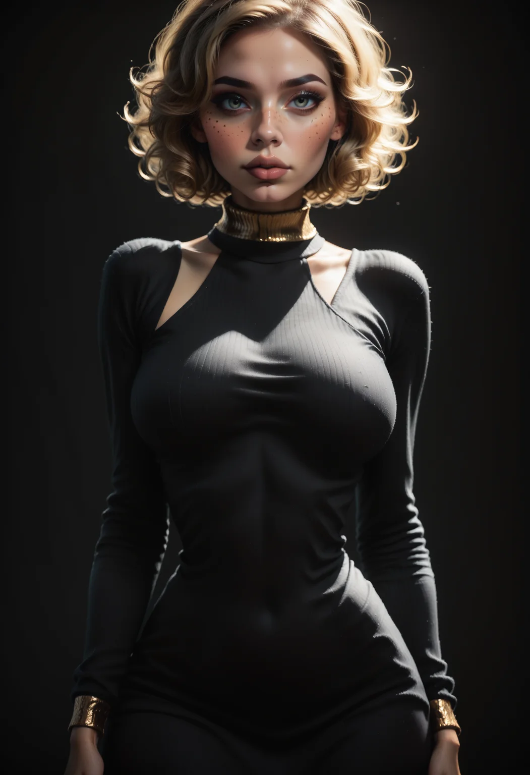 score_9, score_8_up, score_7_up, realistic, 1girl, solo, full body, sexy sweater dress, black dress, gold choker, d4rk_4mb3r, beautiful eyes, freckles, large lips, bright colors, high contrast, dark background, vivid lighting, <lora:Dark_Amber_Pony_v1:0.8>