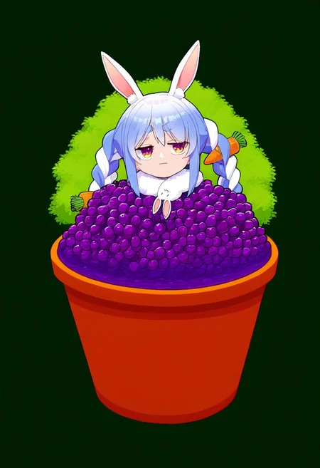 masterpiece, very aesthetic, absurdres, newest, Usada_Pekora, sitting in a basin full of grapes, covered in grape juice, dynamic pose, unamused, teary eyes, full body,
garden background, detailed background,