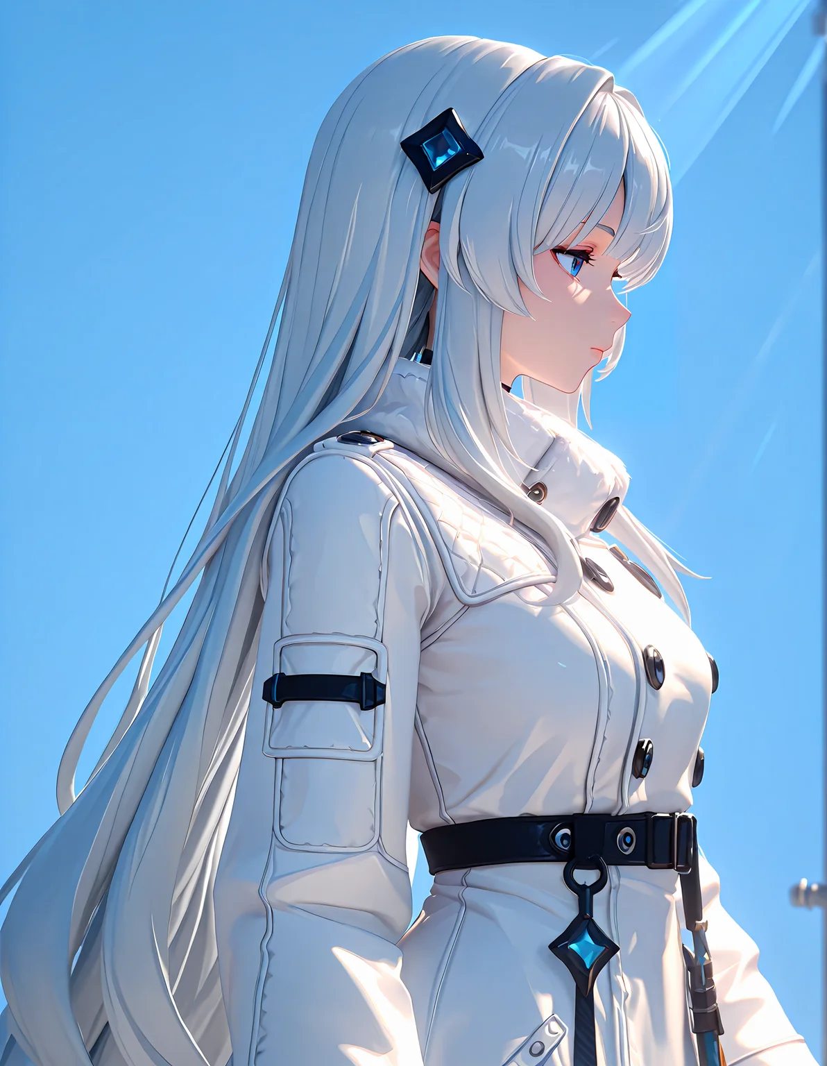 masterpiece, best quality, newest, highres, absurdres, <lora:Z_Style:1>,3d,1girl, long hair, hair ornament, solo, blue background, very long hair, blue eyes, simple background, white hair, long sleeves, profile, upper body, coat, grey hair, white coat, bangs, from side, white dress, closed mouth,light rays,