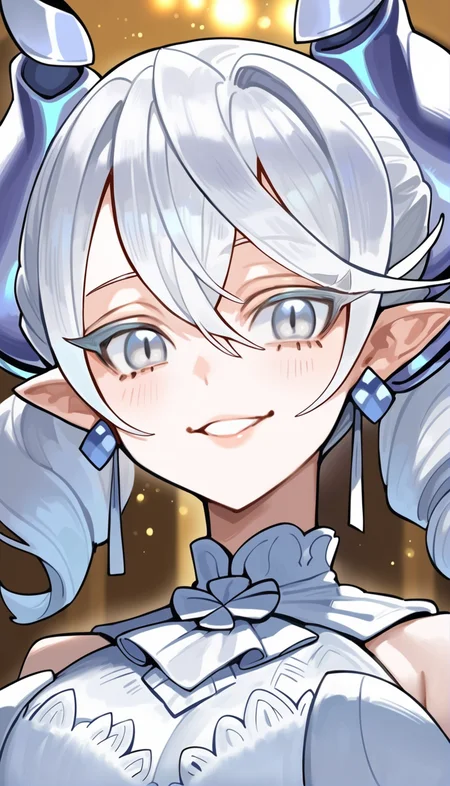 score_9,score_8_up,score_7_up,
<lora:labrynth:0.8>,
lovely labrynth,1girl,solo,
white hair,bangs,twintails,pointy ears,white eyes,white eyelashes,looking at viewer,smile,parted lips,horns,white collar,close up,
indoors,fantasy castle background,curtains,sky,dreamy and magical atmosphere,particle lights,