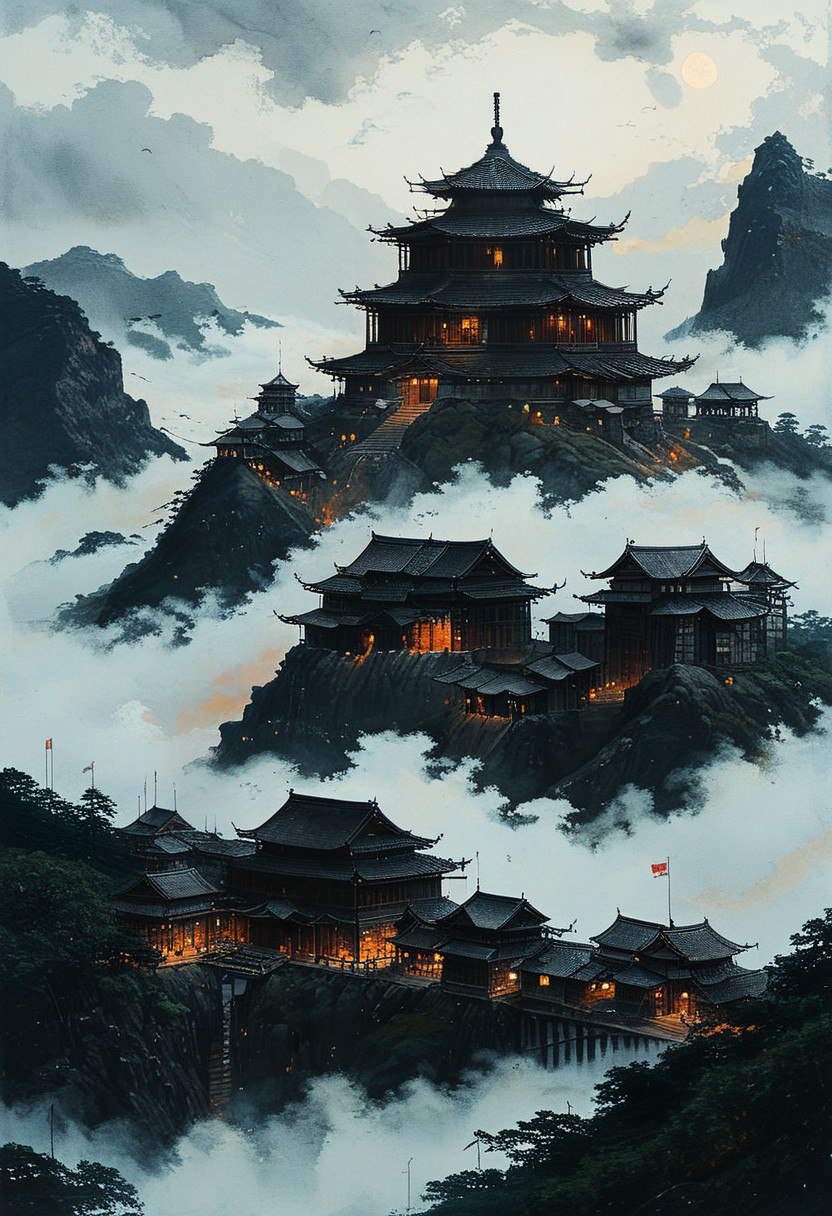 <lora:Shingles_SDXL:0.80> Japanese temple made of mad-shingles
<lora:add-detail-xl:1> , <lora:aidmaImageUpgraderSDXL-v0.3:0.75> aidmaimageupgrader, <lora:xl_more_art-full_v1:1>,   <lora:tbh162-sdxl:1> style of Kawanabe Kyosai
fortress wall around, japanese fortress, big stronghold on a hill, shrine, religious place, mythological place, fog, thick fog,  cloudy sky, dark brooding mood