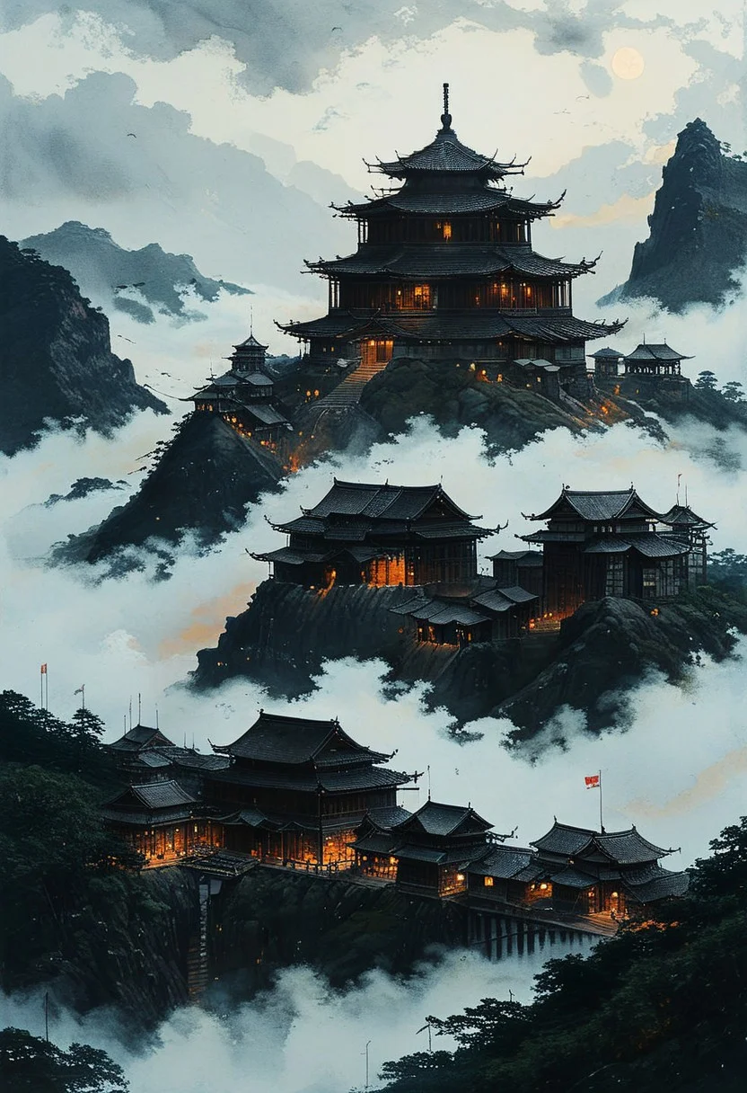 <lora:Shingles_SDXL:0.80> Japanese temple made of mad-shingles
<lora:add-detail-xl:1> , <lora:aidmaImageUpgraderSDXL-v0.3:0.75> aidmaimageupgrader, <lora:xl_more_art-full_v1:1>,   <lora:tbh162-sdxl:1> style of Kawanabe Kyosai
fortress wall around, japanese fortress, big stronghold on a hill, shrine, religious place, mythological place, fog, thick fog,  cloudy sky, dark brooding mood