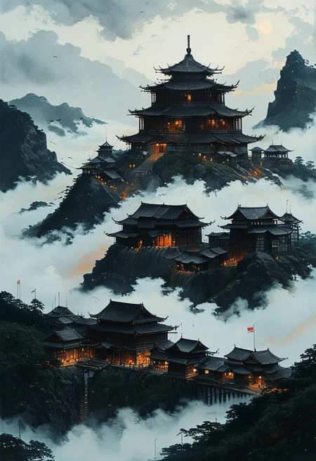 <lora:Shingles_SDXL:0.80> Japanese temple made of mad-shingles
<lora:add-detail-xl:1> , <lora:aidmaImageUpgraderSDXL-v0.3:0.75> aidmaimageupgrader, <lora:xl_more_art-full_v1:1>,   <lora:tbh162-sdxl:1> style of Kawanabe Kyosai
fortress wall around, japanese fortress, big stronghold on a hill, shrine, religious place, mythological place, fog, thick fog,  cloudy sky, dark brooding mood