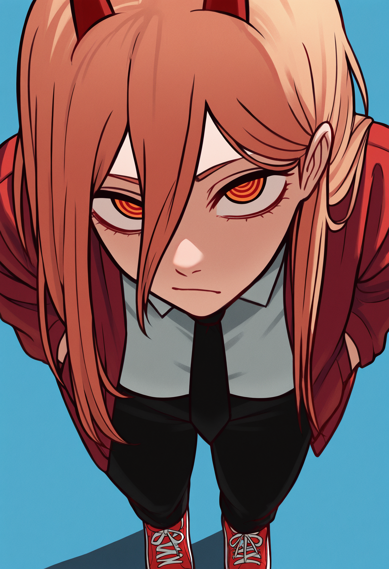 masterpiece, best quality, absurdres, highres, 1girl, black necktie, necktie, solo, long hair, horns, red eyes, shirt, jacket, white shirt, pants, black pants, red footwear, collared shirt, shoes, blonde hair, blue background, simple background, power \(chainsaw man\), hands in pockets, facing viewer, looking at viewer, ringed eyes, leaning forward, close-up, red jacket, from above, upturned eyes,
<lora:greatestgori_ill:1>