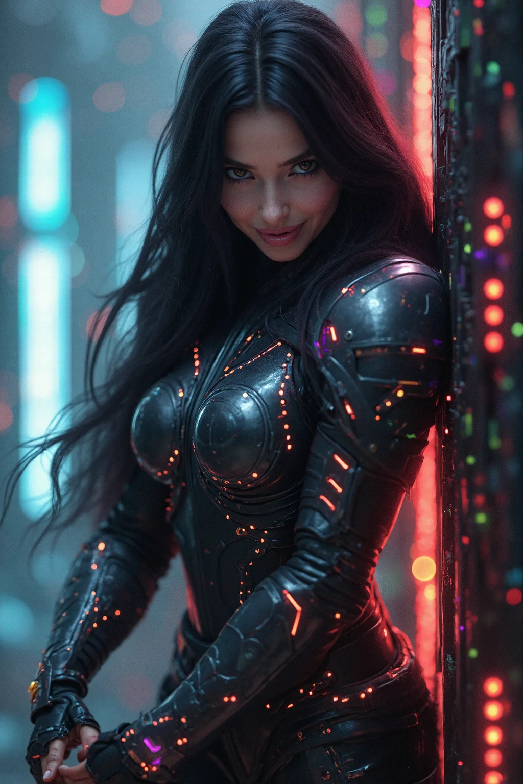A fierce female warrior with long, flowing black hair, her armor made  from carbon fiber etched with glowing rainbow colored circuits, lining strip of RGB led lighting  and electronic chip, stands in the heart of a digital nexus. leaning on object, head slightly tilt, looking at viewer smilng, fake nails, nail polish,  fingerless gauntlet, Surrounding her is a vortex of luminous circuitry, casting intricate patterns of light on her armor. The scene is rendered with photorealistic detail, the lighting capturing the interplay between the metallic textures and the pulsating rainbow colored energy energy of the digital backdrop.
3d render in unreal engine