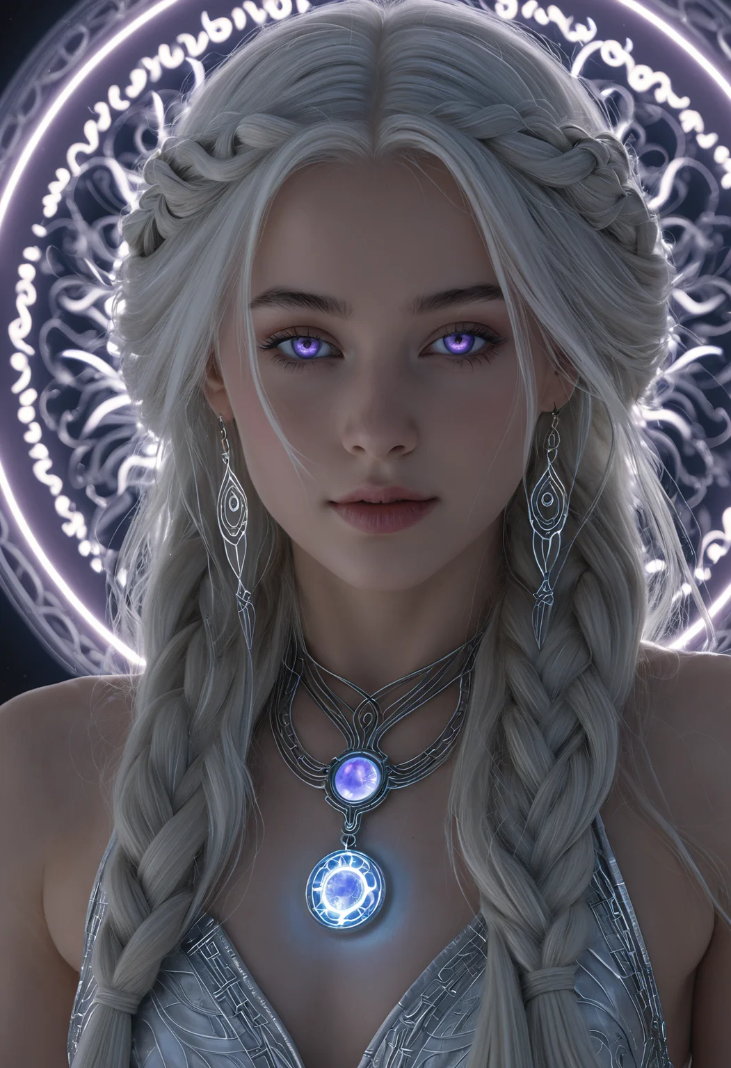 professional 3d model <lora:ul0px:1>,ul0px,(dress, jewelry, necklace, earrings, fantasy art),<lora:Beeple_holography:1>,Beeple,(holography, volumetric lights, scenery, aura:1.3),, (Hair, Long, silver-blonde hair (often described as pale as moonlight), a hallmark of her Targaryen lineage. In the books, her hair is worn in intricate braids, symbolizing victories and tradition:1), (Eyes, Large, violet eyes, often noted for their intensity and otherworldly quality, typical of the Valyrian race:1), (Skin, Pale, creamy complexion with a smooth, almost luminous quality that enhances her striking beauty:1), (Build, Slim and petite, yet strong and resilient, reflecting her gradual transformation from a timid girl into a determined leader:1), short in stature,, Light aura concept art, a subtle energy field or glow that surrounds a person, object, or scene, often associated with spirituality, healing, or an ethereal appearance. A glowing halo or radiant light surrounding a subject to convey divinity, mystery, or supernatural power. soft gradients, luminous effects, or pastel colors, an emanation of a person's energy field, white or golden light symbolizing purity and enlightenment, a radiant, soft glow around the subject, . octane render, highly detailed, volumetric, dramatic lighting