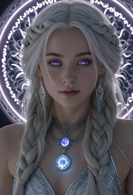 professional 3d model <lora:ul0px:1>,ul0px,(dress, jewelry, necklace, earrings, fantasy art),<lora:Beeple_holography:1>,Beeple,(holography, volumetric lights, scenery, aura:1.3),, (Hair, Long, silver-blonde hair (often described as pale as moonlight), a hallmark of her Targaryen lineage. In the books, her hair is worn in intricate braids, symbolizing victories and tradition:1), (Eyes, Large, violet eyes, often noted for their intensity and otherworldly quality, typical of the Valyrian race:1), (Skin, Pale, creamy complexion with a smooth, almost luminous quality that enhances her striking beauty:1), (Build, Slim and petite, yet strong and resilient, reflecting her gradual transformation from a timid girl into a determined leader:1),  short in stature,, Light aura concept art, a subtle energy field or glow that surrounds a person, object, or scene, often associated with spirituality, healing, or an ethereal appearance. A glowing halo or radiant light surrounding a subject to convey divinity, mystery, or supernatural power. soft gradients, luminous effects, or pastel colors, an emanation of a person's energy field, white or golden light symbolizing purity and enlightenment, a radiant, soft glow around the subject, . octane render, highly detailed, volumetric, dramatic lighting
