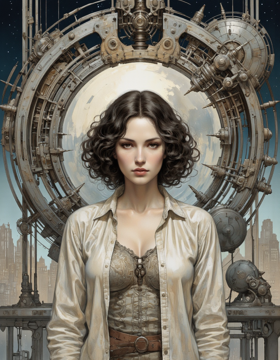 Anime CRABDM style. A digital illustration shoot from a portrait camera angle about a portrait of a woman with a futuristic aesthetic, featuring intricate mechanical elements and a large moon in the background. the image also shows a woman in the middle of the image, who appears to be in her early twenties, with light skin and dark hair styled in loose curls, wearing a long-sleeved, light-colored shirt with intricate patterns. she has a serious expression and is looking directly at the viewer, with her brown eyes looking slightly to the side. her hair is styled in a voluptuous manner, and she has parted lips. she is wearing a button-up shirt that is partially unbuttoned, revealing her collarbone. the woman is standing in front of a large, circular, metallic sphere with intricate designs and machinery surrounding it, giving the image a sci-fi and futuristic feel. the background features a cityscape with tall buildings and a starry night sky, creating a sense of depth and atmosphere. the overall color palette is muted, with shades of blue, beige, and brown, and the lighting is soft and diffused, highlighting the intricate details of the woman's face and clothing.