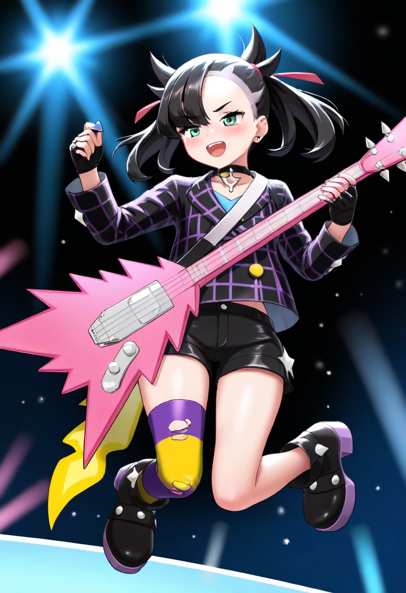 2d, masterpiece, best quality, amazing quality, 1girl, solo, full body, jumping, on stage, marnie \(pokemon\), black hair, asymmetrical bangs, choker, collared jacket, long sleeves, yellow buttons, blue shirt, black shorts, fingerless gloves, black gloves, single thighhigh, torn thighhigs, striped thighhighs, purple socks, yellow socks, platform boots, black footwear, holding  instrument, bass guitar, pink guitar, playing guitar, plectrum, masterpiece,best quality,amazing quality,very aesthetic,high resolution,ultra-detailed,absurdres,newest
