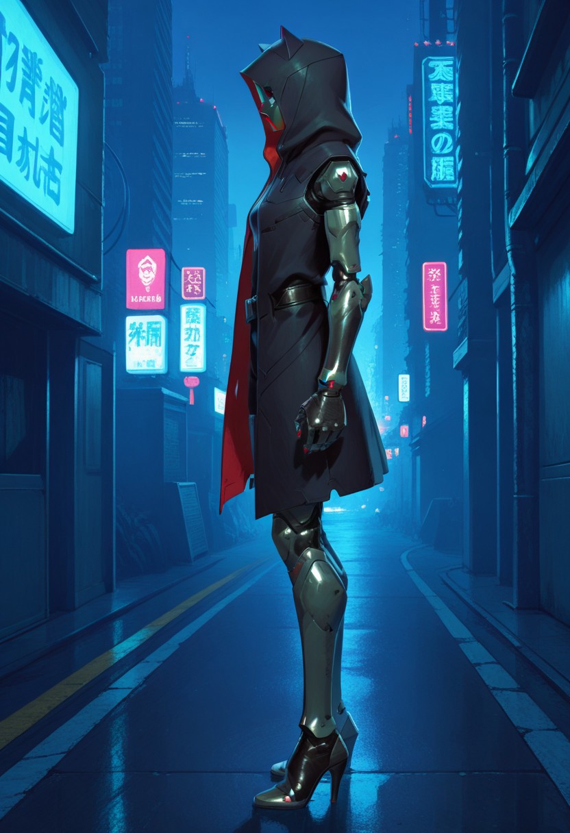 absurdres, masterpiece, best quality, very aesthetic, HDR, 8K, ultra-detailed, anime, 748cmstyle, full body, standing, cyberpunk, cyber city, side view,
1girl, FelinaFo, solo, cyborg, mask, no eyes, hood up, hooded cloak, mechanical arms, belt, mechanical legs, high heels, shiny skin, (skinny),