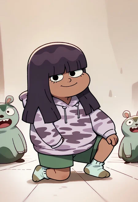 score_9, score_8_up, score_7_up BREAK LotLot, 1girl, shoulder-length dark purple hair, blunt bangs, black eyes, brown skin, light purple camo hoodie, green shorts, light green brown socks, full body, smiling at viewer,