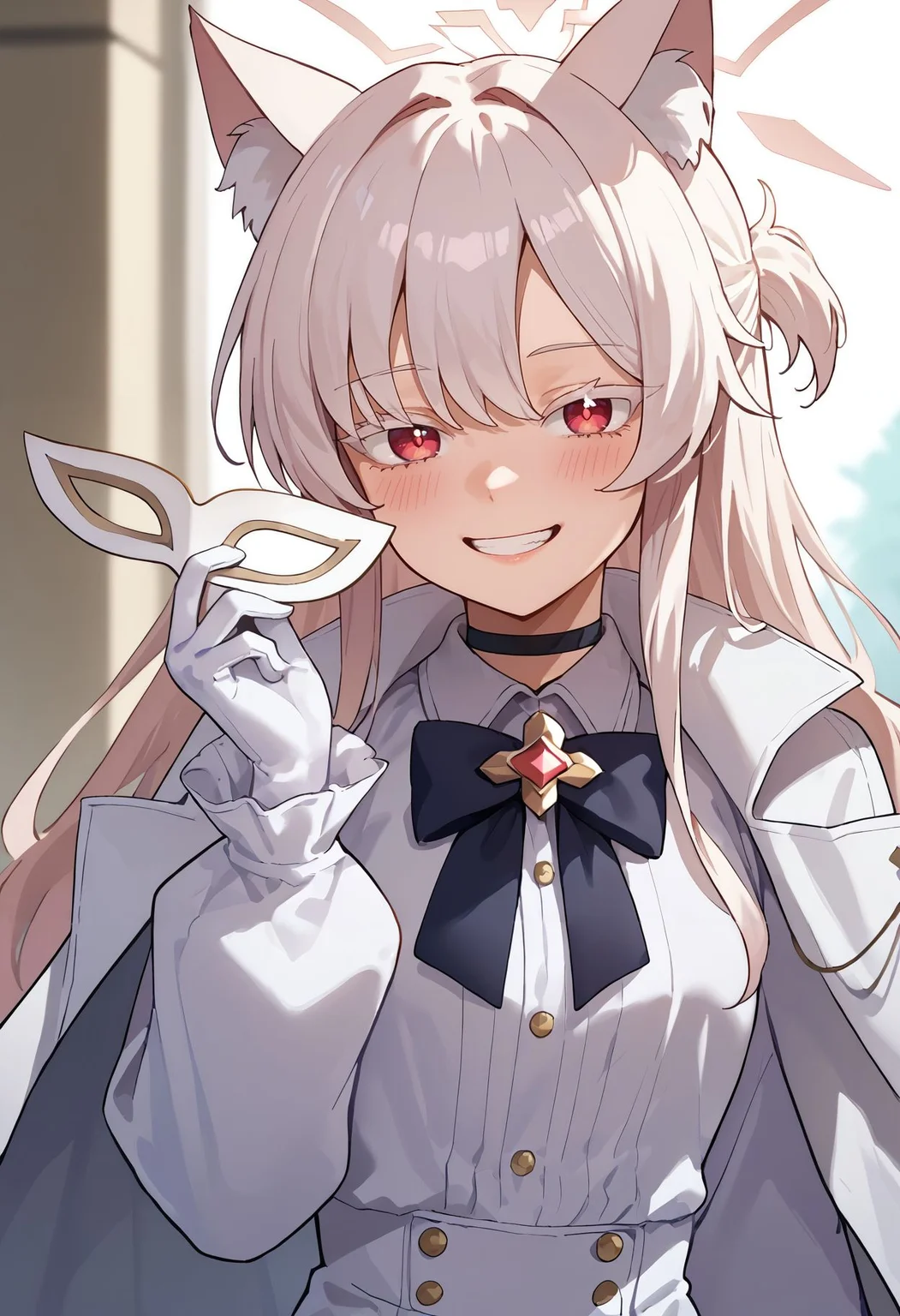 score_9,score_8_up,score_7_up,<lora:kiyosumi_akira_blue_archive_pdxl_goofy:1>akiraBa, 1girl, black choker, smile, white gloves, halo, black bow, white shirt, holding mask, eye mask, colored eyelashes, looking at viewer, black bowtie, brooch, long sleeves, grin, white cape, upper body, blush, white coat, jewelry, cat girl,white hair,