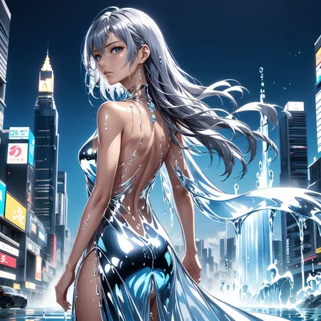 (full body photo:1.4),anime artwork beautiful woman wearing a (water dress) Looking over the shoulder in Metropolis, <lora:xl_water_dress-1.0:0.8>, Close-Up, from front, black and silver hair, key visual, vibrant, studio anime, highly detailed
