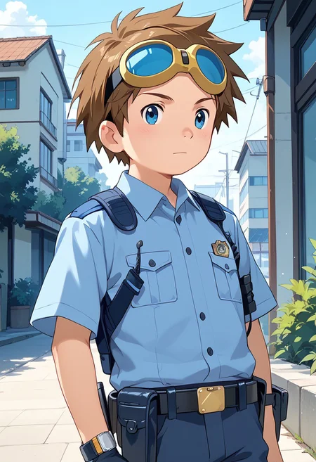 score_9, score_8_up, score_7_up, zPDXL2,
,
1boy, solo, goggles on head, brown hair, male Japanese Summer Police Uniform,light-blue collared shirt, rank slides,hip holster