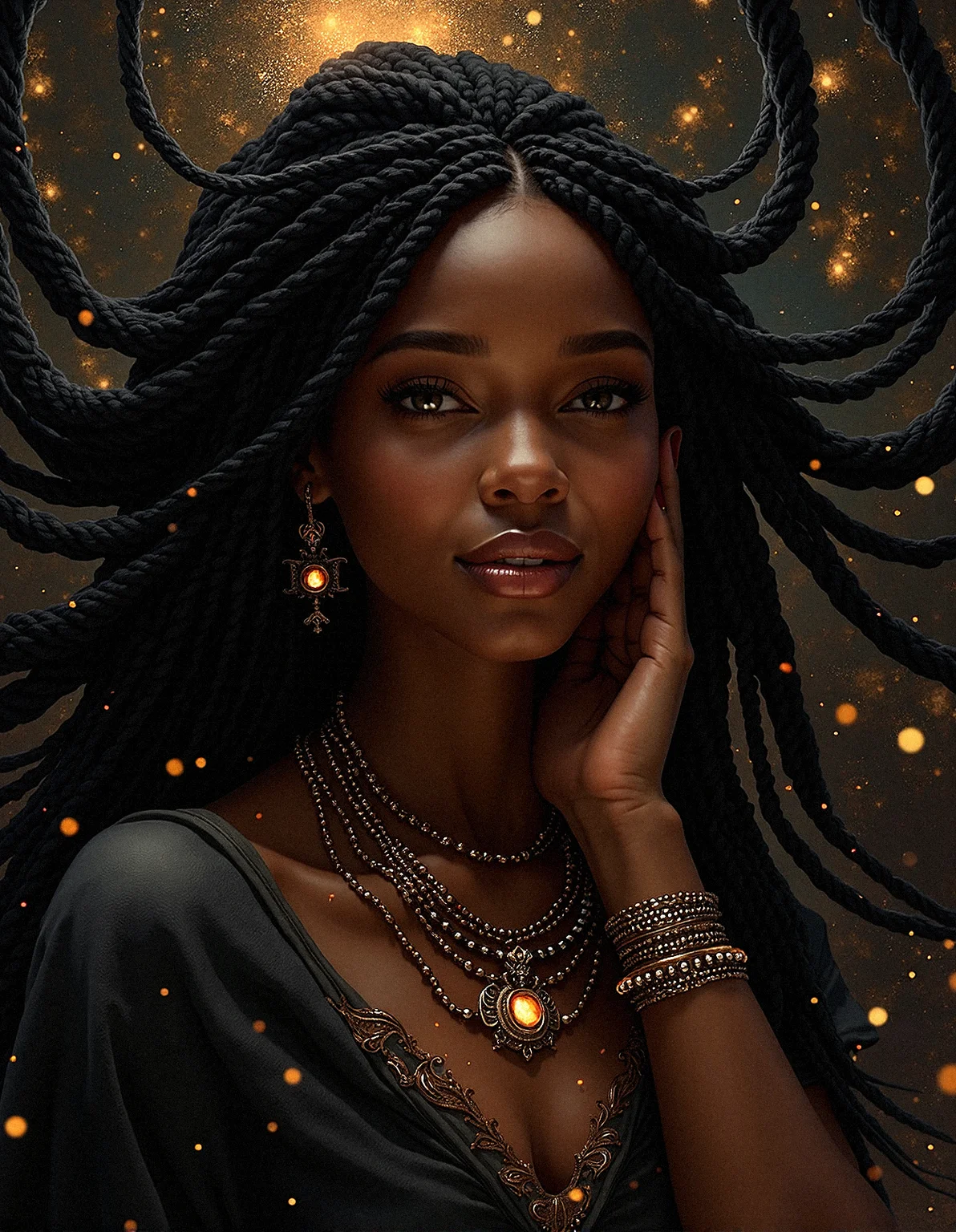 a detailed realism image of a dark-skinned woman with dark braids and beads, her hair blending seamlessly into a spiraling, fractal-like pattern with detailed skin and detailed skin pores The background glows with star-like particles, giving the impression that she is weaving the cosmos itself with her hair.
small, golden embers floating in the darker areas of the background, adding a touch of warmth and life to the scene.shadowed areas within the fractal background that resemble caverns or voids, adding depth and mystery to the composition.
a choker with intricate beadwork and a central gemstone that glows softly, drawing attention to her neckline and face. a long, flowing cape with fractal patterns that shimmer softly, enhancing her silhouette and connecting her to the ethereal background.
Emphasize her defined jawline and chin with subtle shading, giving her face a strong, elegant structure.er lips a slightly rosy hue, enhancing their natural color and making them look healthy and full.tiny light reflections on her lips, giving them a wet, glossy look that enhances their fullness.
One hand resting lightly on her shoulder, head resting gently on her hand, with a serene smile.