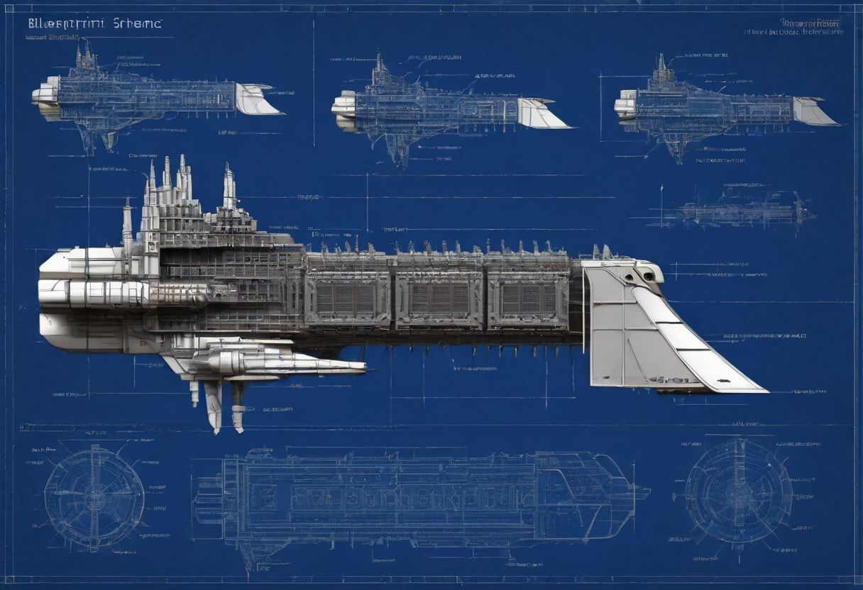 (blueprint:3.0) ((schematics)) of a large impstarship, 3d frame, mechanical parts, technical drawing, epic starship design, flat design, (((vector illustration))), ((thick white pencil lines)), nuts, bolts, outline, parts, measurements,