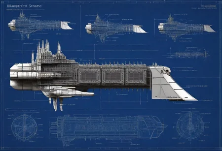 (blueprint:3.0) ((schematics)) of a large impstarship, 3d frame, mechanical parts, technical drawing, epic starship design, flat design, (((vector illustration))), ((thick white pencil lines)), nuts, bolts, outline, parts, measurements,