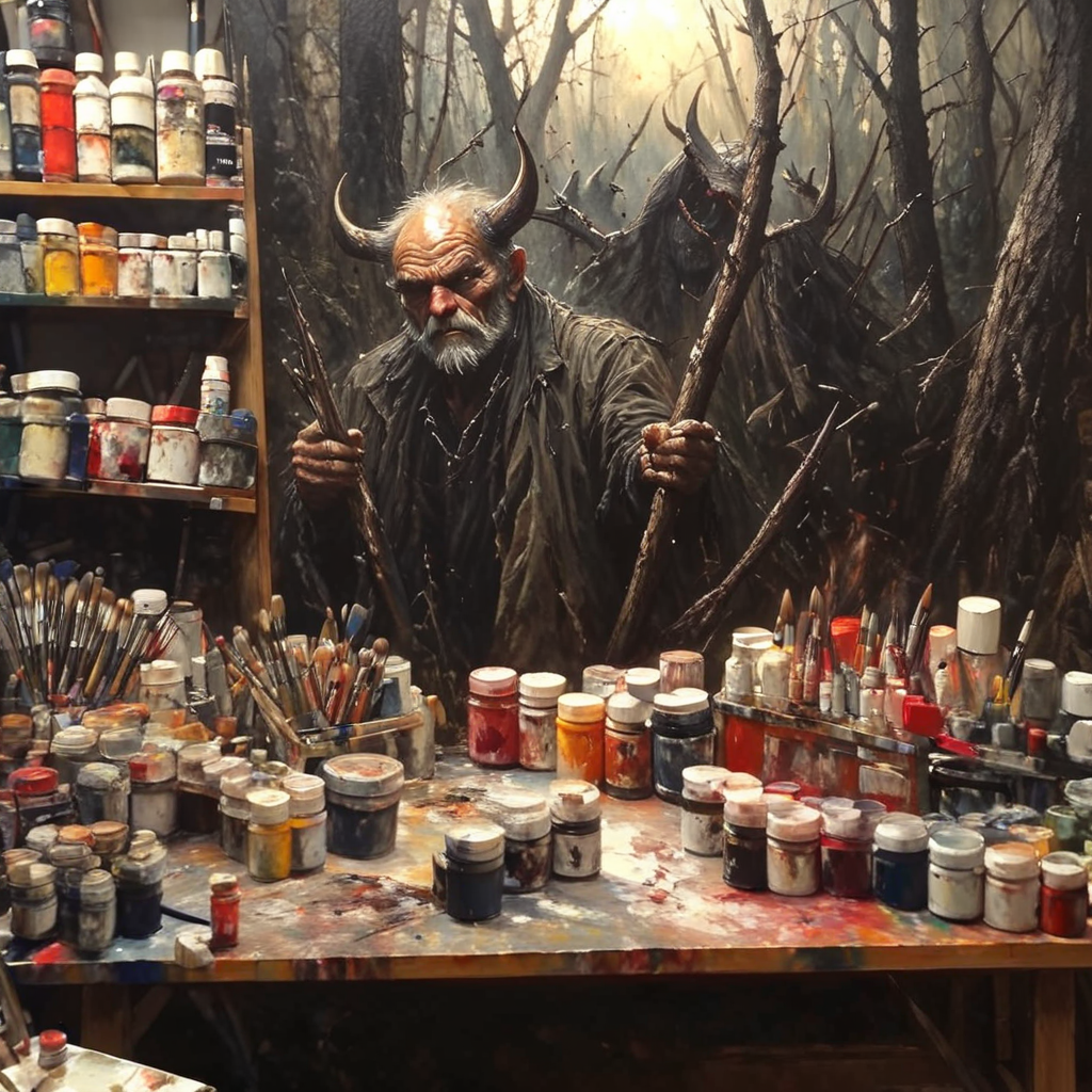 oneironartifex onefex a painting in a painting studio, old artist man and devil, very detailed<lora:oneironartifex:1.2>