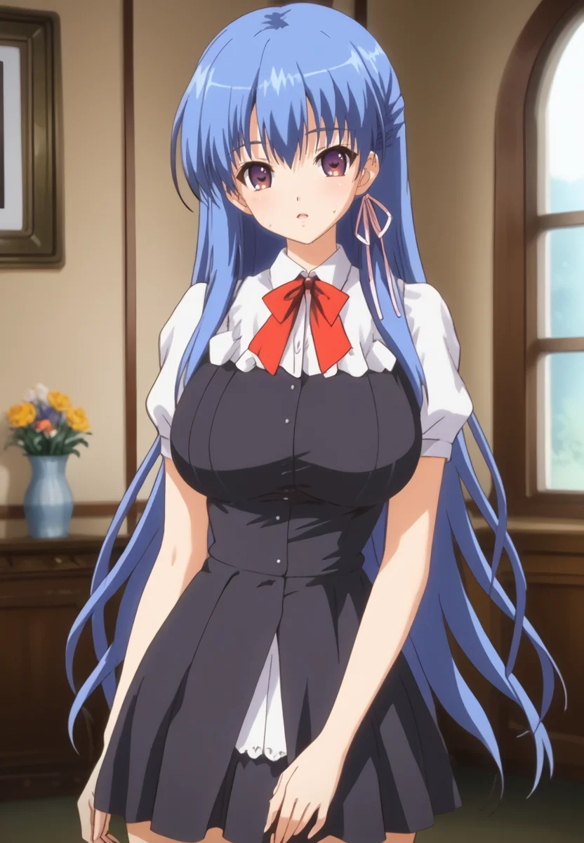 zPDXL3, score_9_up, score_8_up, score_7_up, (Anime_source),Masterpiece,(perfect female body:1.2), small waist,(incredibly detailed:1.4), slim, beautiful fingers, beautiful white skin, Beautiful clear skin, (big breasts:1.2) (thick thighs:1.2), parted lips, standing,  sweat, looking at viewer,  big breasts,  <lora:Kuonji_Otoha_-_Dark_Blue-PONY-Kaleid:1> kuonji otoha, 1girl, blue hair, long hair, purple eyes, hair ribbon, (large breasts:1.5) black dress,  red bowtie (facing viewer:1.6)