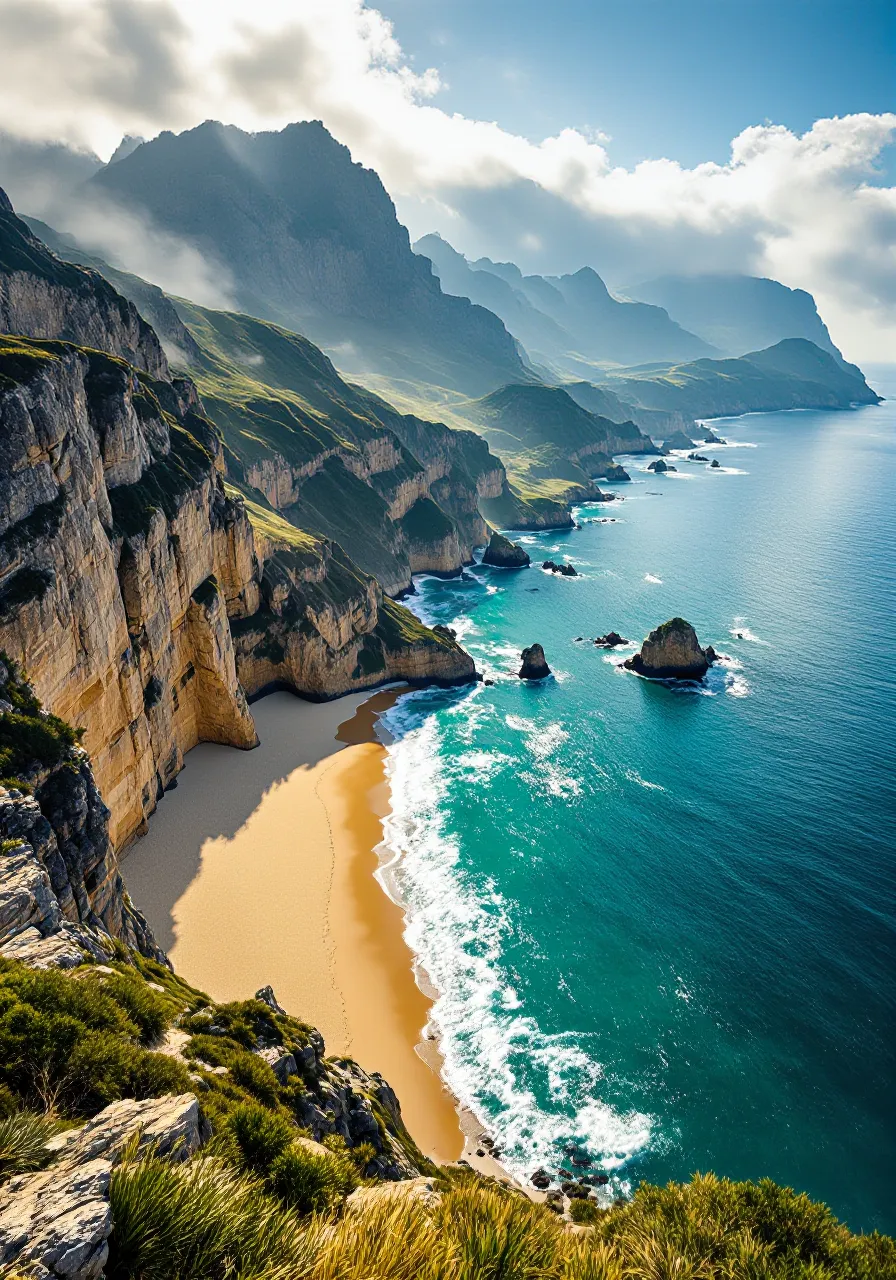 You are an assistant designed to generate superior images with the superior degree of image-text alignment based on textual prompts or user prompts. <Prompt Start> This hyper-detailed scene captures a windswept valley under a dynamic low-angle perspective through the lens of a high-resolution camera. Majestic mountains embrace a vibrant coastal shore, featuring rugged cliffs and a sunlit sea. Intricate textures of weathered stone contrast with soft ambient sands, enhanced by sweeping aerial views that highlight expansive rustic terrain alongside gentle tidal ripples and isolated clusters of lush vegetation. A rich palette of deep blues, warm golds, and emerald highlights is showcased in an 8k masterpiece with intricate clarity and spatial composition excellence. Emotive natural gradients are accentuated by subtle fog and dramatic lighting, refining environmental textures to capture the serene, untouched grandeur of nature.