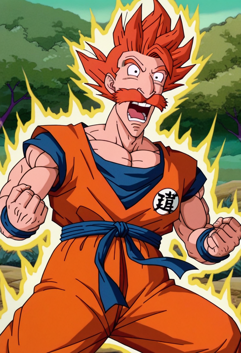 masterpiece, high quality, n1g3l, 1boy, male focus, solo, short hair, orange hair, mustache, teeth, cowboy shot, muscular, son goku, super sayan, aura, dynamic pose, sleveeless, nature, open mouth, screaming, pose,