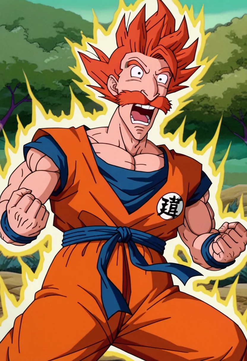 masterpiece, high quality, n1g3l, 1boy, male focus, solo, short hair, orange hair, mustache, teeth, cowboy shot, muscular, son goku, super sayan, aura, dynamic pose, sleveeless, nature, open mouth, screaming, pose,