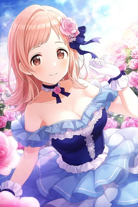 <lora:SakuragiMano:0.8>, Sakuragi Mano, 1girl, gloves, solo, smile, dress, breasts, white gloves, flower, cleavage, looking at viewer, frills, sparkle, rose, frilled dress, bow, hair ornament, hair bow, bare shoulders, ribbon, choker, outdoors, off shoulder, sleeveless dress, blush, closed mouth, sleeveless, hair flower, frilled gloves, pink flower, hair ribbon, lens flare, pink rose, blue dress