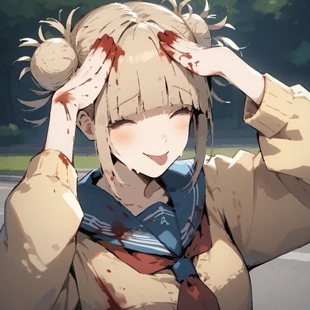 <lora:merrytail_bleh_v01_ponyDiffusionV6XL-10:1>, score_9, score_8_up, score_7_up, closed eyes, tongue out, hands on own head, smile, upper body, 1girl, toga himiko, blonde hair, short hair, sidelocks, double bun, messy hair, blush, school uniform, red neckerchief, blue sailor collar, yellow cardigan, blood, blood on face, blood on clothes, blood on hands, park,
