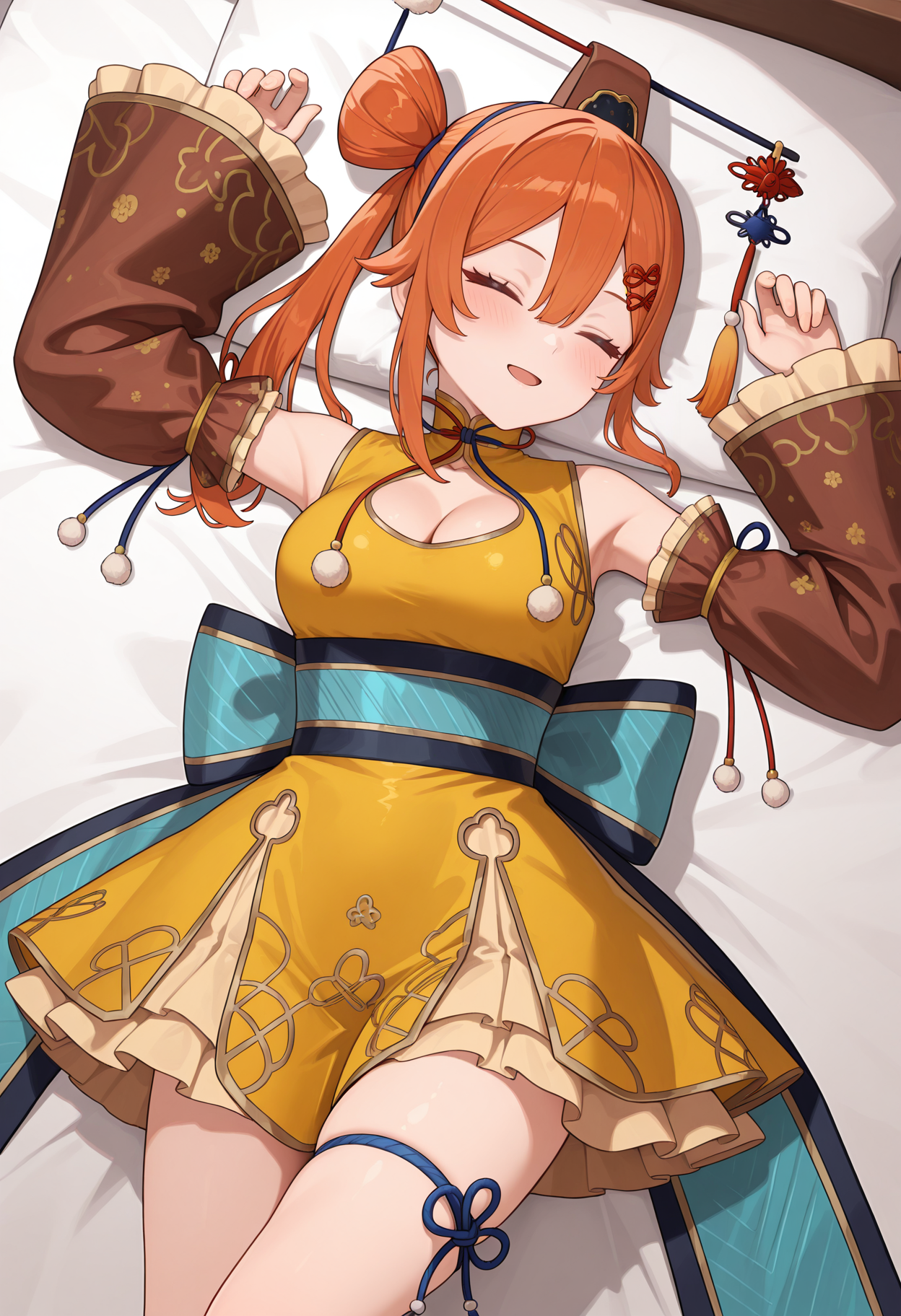 highres, best quality, masterpiece,
1girl, solo, as2piri, orange hair, side ponytail, single hair bun, hair between eyes,
dalachi \(headdress\), endless knot, yellow dress, china dress, bare shoulders, clothing cutout, cleavage, aqua sash, back bow, detached sleeves, wide sleeves, brown sleeves, frilled sleeves, thigh ribbbon,
looking at viewer, blush, smile, sleeping, closed eyes, 
arms up, lying, on bed, sleep bubble, head tilt, open mouth, 
<lora:_pirika_sophie2-elesico-ilxl:1>