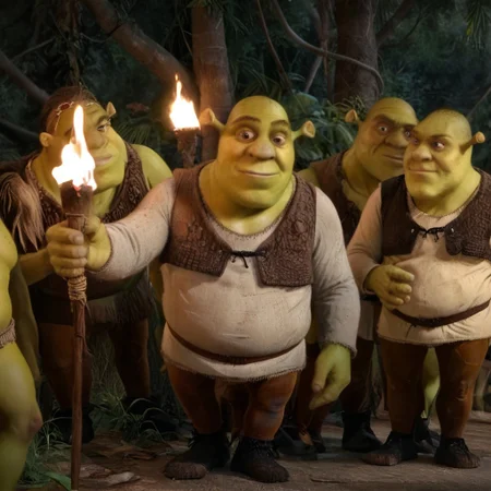 a photo of, in the style of survivor-tribal-council, multiple people, torch, jungle, shrek, green skin