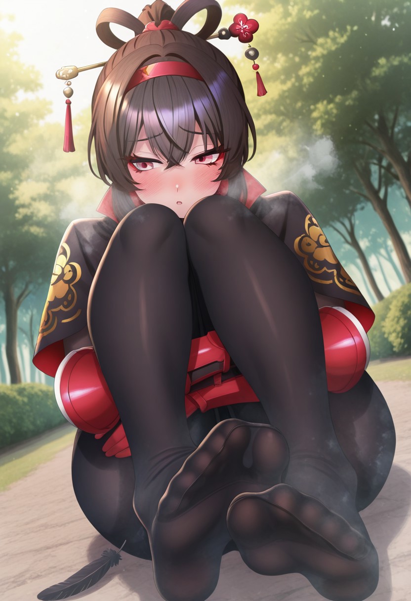 nijisanji, outdoors, undershirt, falling feathers, black bodysuit, hair stick, hugging own legs, , gauntlets, eyeshadow, red gloves, high ponytail, , black capelet, red hairband, pink eyes, 1girl, solo, feet, visible breath, dynamic angle, foreshortening, smell, steam,