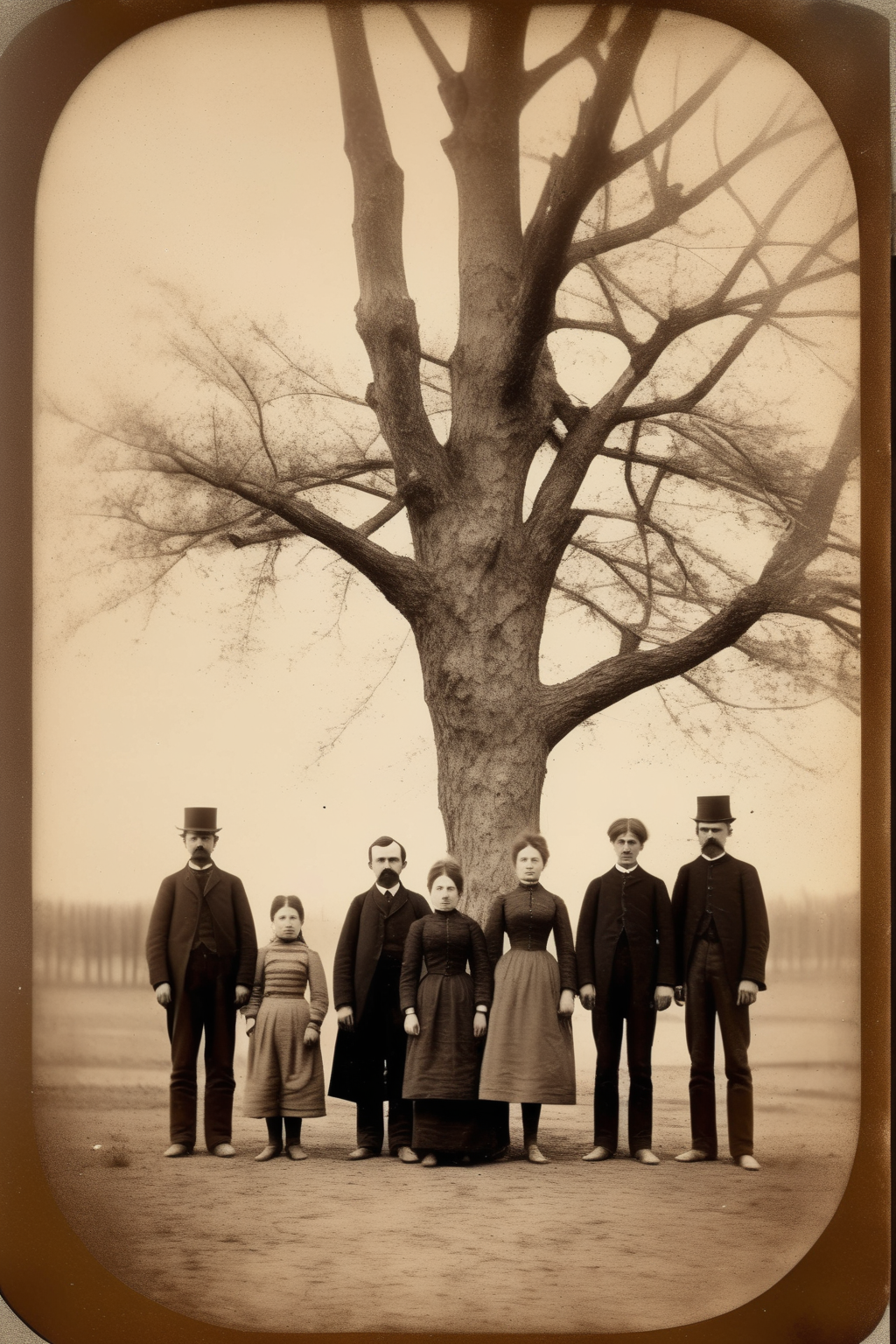 <lora:Albumen Print:1>Albumen Print - Photo from 1890 showing family of 4 people from poland in the distance. in front of the tree Black and white photo with accents of mild beige.