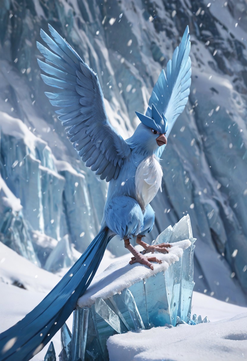 score_9, score_8_up, score_7_up, score_6_up, score_5_up, score_4_up, BREAK, solo, articuno, pokemon (creature), furry, avian, bird, blue feathers, wings, ice, snow, realistic