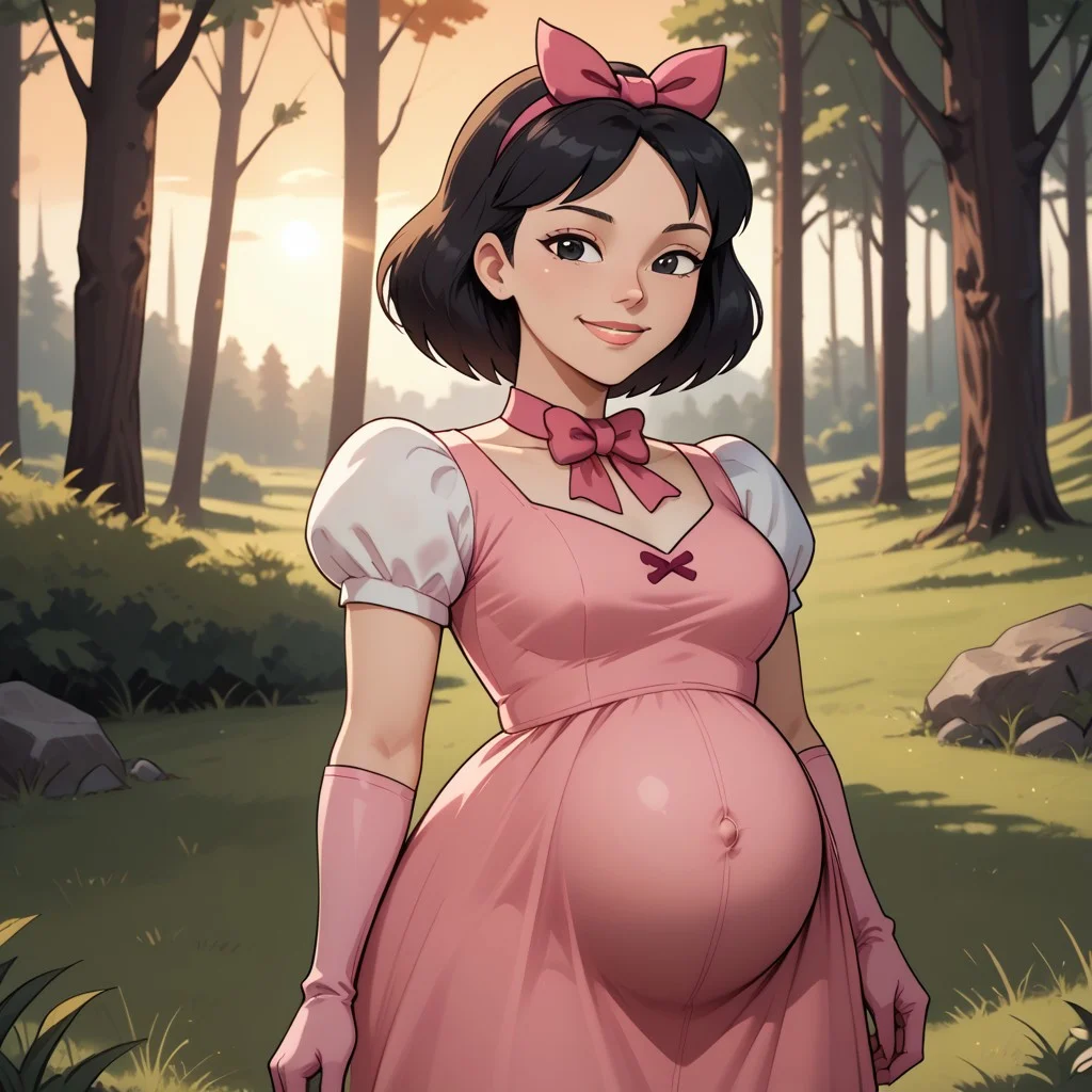 score_9, score_8, BREAK, solo, total drama, 1girl, black hair, pink hair bow, black eyes, lips, pink neck band, pink short dress, light pink gloves, pink footwear, Ella_(Total_Drama), tdpi, cute, pregnant, sexy pose, self portrait, smile, outdoors, sunlight, shadows, evening lighting, natural lighting, forest, trees, grass, orange sky, sunset
