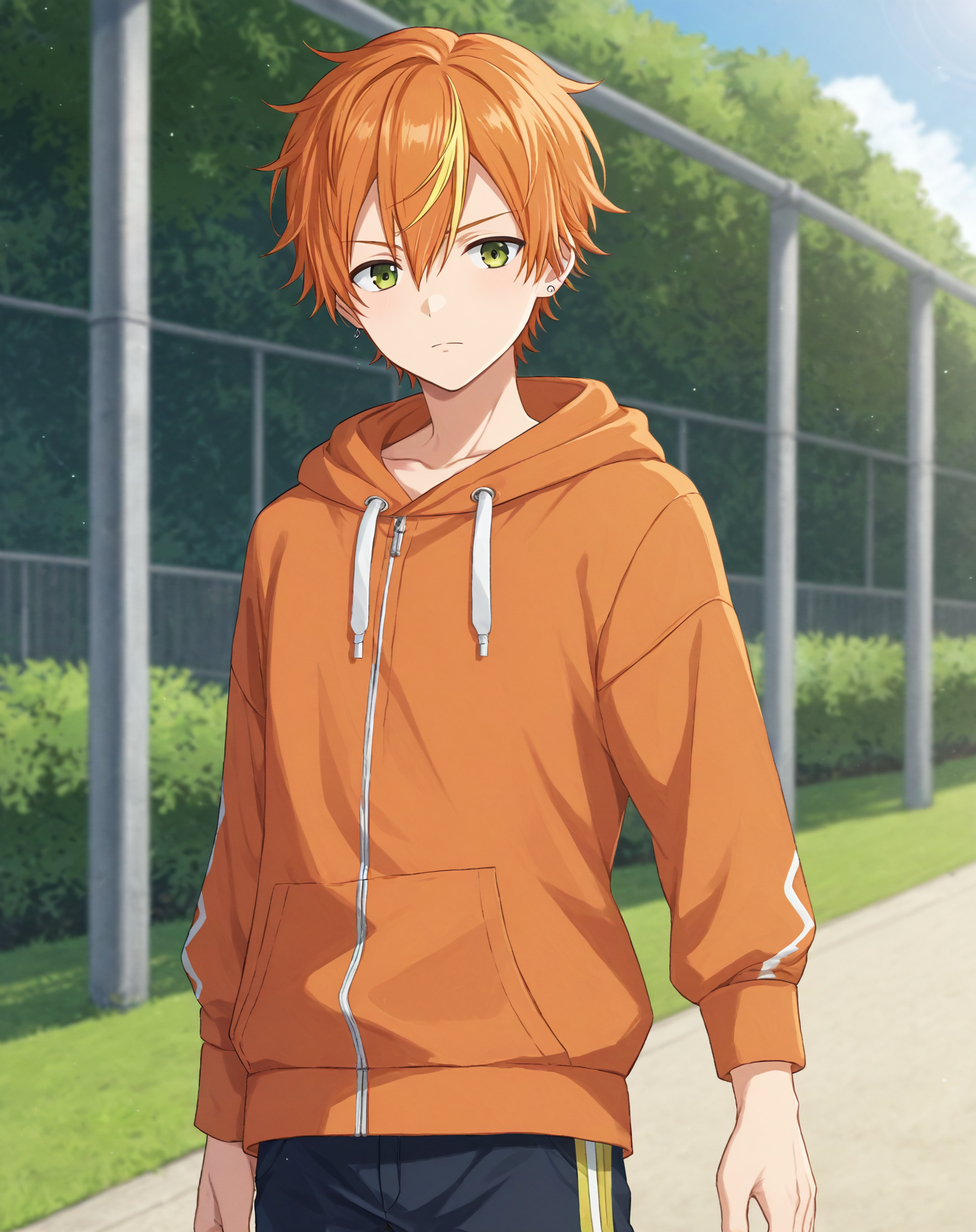 score_9, score_8_up, original style, depth of field, BREAK, rating_safe, 1boy, solo, male focus, cowboy shot, <lora:shinonome_akito_pony:1> shinonome_akito_pony, green eyes, messy hair, orange hair, streaked hair, yellow hair, ear piercing, short hair, hair between eyes, bangs, ear piercing, skinny, thighs, outdoors, day, <lora:sdxl_lightning_8step_lora:1>  <lora:xl_more_art-full_v1:0.5>
