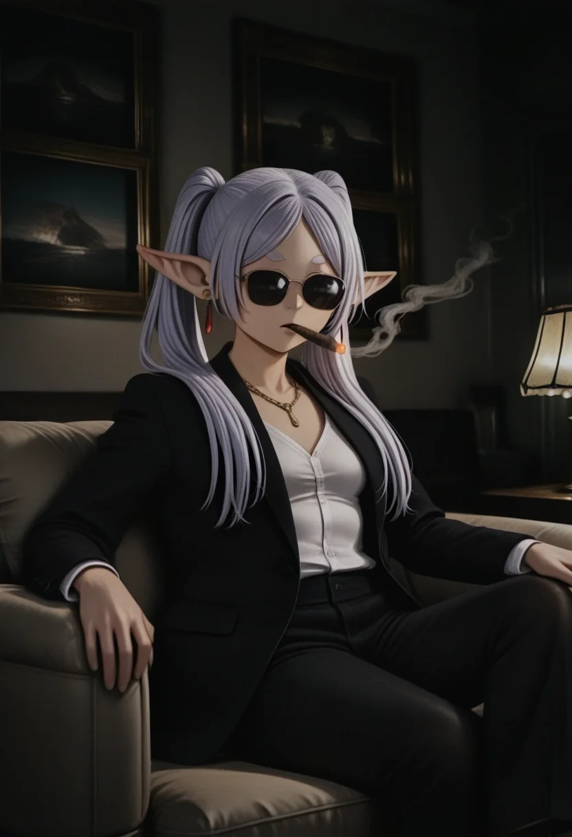 <lora:illustriousXLv01_stable_dark_v0.3:0.9><lora:noobai_ep11_stabilizer_v0.205_fp16:1>1girl,frieren,sunglasses,cigar in mouth,gold chain around neck,white shirt,black suit,sitting on sofa,dark room,dark,smoking,