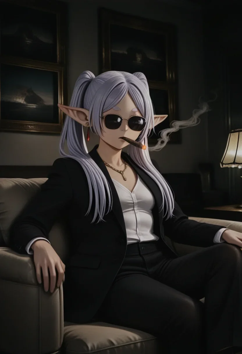 <lora:illustriousXLv01_stable_dark_v0.3:0.9><lora:noobai_ep11_stabilizer_v0.205_fp16:1>1girl,frieren,sunglasses,cigar in mouth,gold chain around neck,white shirt,black suit,sitting on sofa,dark room,dark,smoking,
