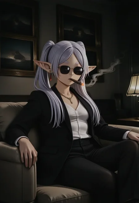 <lora:illustriousXLv01_stable_dark_v0.3:0.9><lora:noobai_ep11_stabilizer_v0.205_fp16:1>1girl,frieren,sunglasses,cigar in mouth,gold chain around neck,white shirt,black suit,sitting on sofa,dark room,dark,smoking,