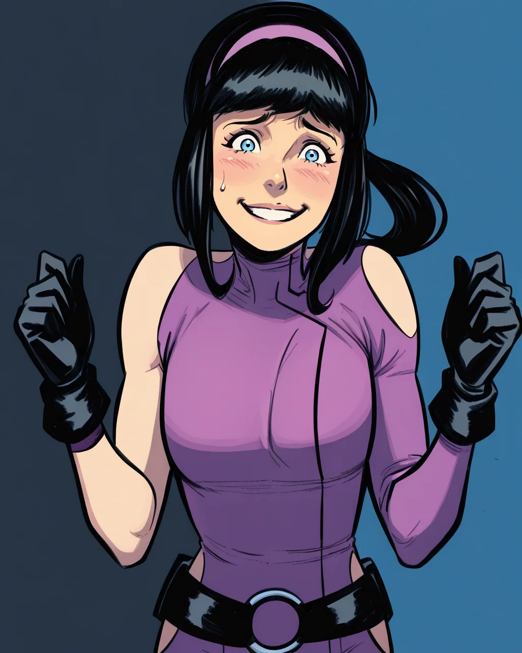 masterpiece, best quality, absurdres, perfect quality, absolutely eye-catching, <lora:StefanoCaselliIllus:1> scaselli, <lora:KateBishopIllus:1> katebishop, 1girl, black hair, sidelocks, ponytail, blue eyes, bodysuit, clothing cutout, gloves, belt, smile, worried, looking at viewer, hairband,