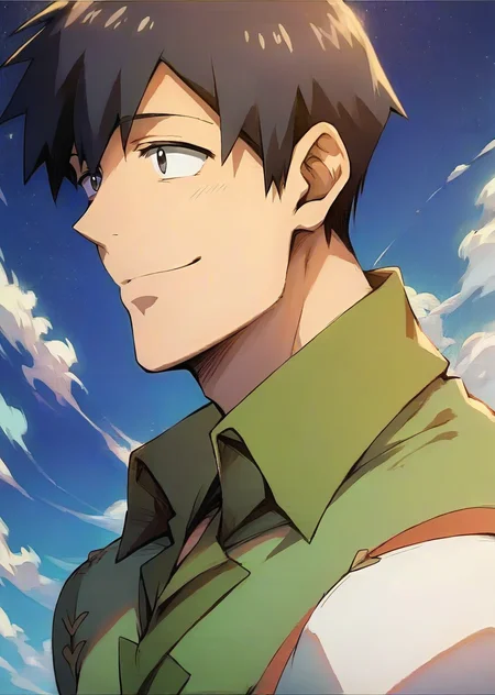 (((score_9, score_8_up, score_7_up, score_6_up))), ((best quality, masterpiece, ultra-detailed, source_anime, perfect anatomy)), (1boy, Mukohda, handsome detailed face, black eyes, solid eyes, Happy, solo focus), green shirt, portrait, <lora:Mukohda_SDXL-000008:0.8>, dusk, <lora:aesthetic_anime_v1s:1>