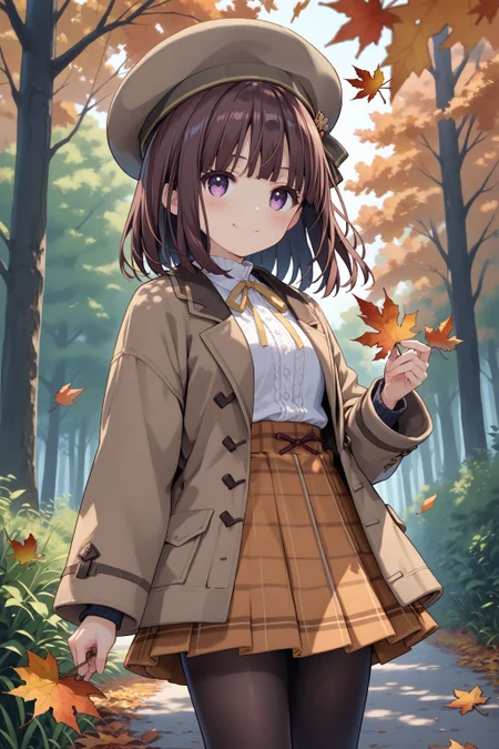 score_max, (score_9, score_8_up, score_7_up:1.2), score_6_up, official art, source_anime,
, masterpiece, absurdres, high detail, 8k,
autumn, forest, autumn leaves, maple, cowboy shot,
standing, holding leaf, maple leaf, smile, blush,
akisa, beret, brown coat, long sleeves, orange skirt, plaid skirt, black pantyhose,
<lora:XL_Pony_MGCM-akisa-t1:1>
