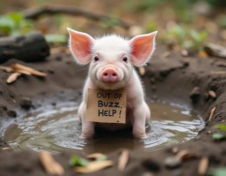 sfw, A piglet sitting in the mud pool, in the forest, a white cardboard is hangs on its neck, and the cardboard is written with mud say "Out of Buzz, Help!"âââ