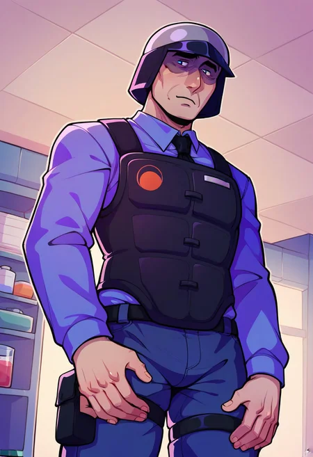 score_9, score_8_up, score_7_up, score_6_up, perfect anatomy, perfect proportions, best quality, masterpiece, high_resolution, high quality, aesthetic, absurdres, (male focus), solo male, adult, mature, masculine, manly, handsome, charming, alluring, cowboy shot, Benry, HLVRAIBenry, HLVRAIBenry_outfit, Black Mesa security guard uniform \(Half-Life\), security guard uniform, dark helmet, dark blue shirt, long sleeves, black necktie, black bulletproof vest, dark blue pants, thigh strap, detailed_background, indoors, research institute, lab, sci-fi, ((anime, cartoon, minimalistic)), tired, frowning, droopy eyes, pissed, low angle, from below, upper body, closed up, eyes in shadow, shaded face