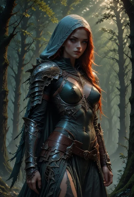 intricate detail, absurdres, cute girl, muscular, ripped, intricate details, high quality, masterpiece,  1girl, muscular, elf, rogue, mercenary, fantasy, young, gorgeous, extremely detailed, high quality, realistic, beautiful green eyes, medium sized breasts, black leather armour, cleavage, scale armour, white cloak and hood, fringe, (long straight ginger hair:1.5), dark theme, from hip up, gloomy and misty forest background, (masterpiece, best quality, highly detailed, realistic), muted color, half-open lips