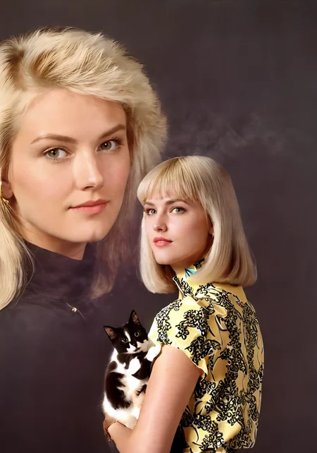 a portrait of a pretty blonde woman holding a cat, double exposure effect, a80psdxl, dark background, <lora:a80psdxl:1>, 1980s \(style\),