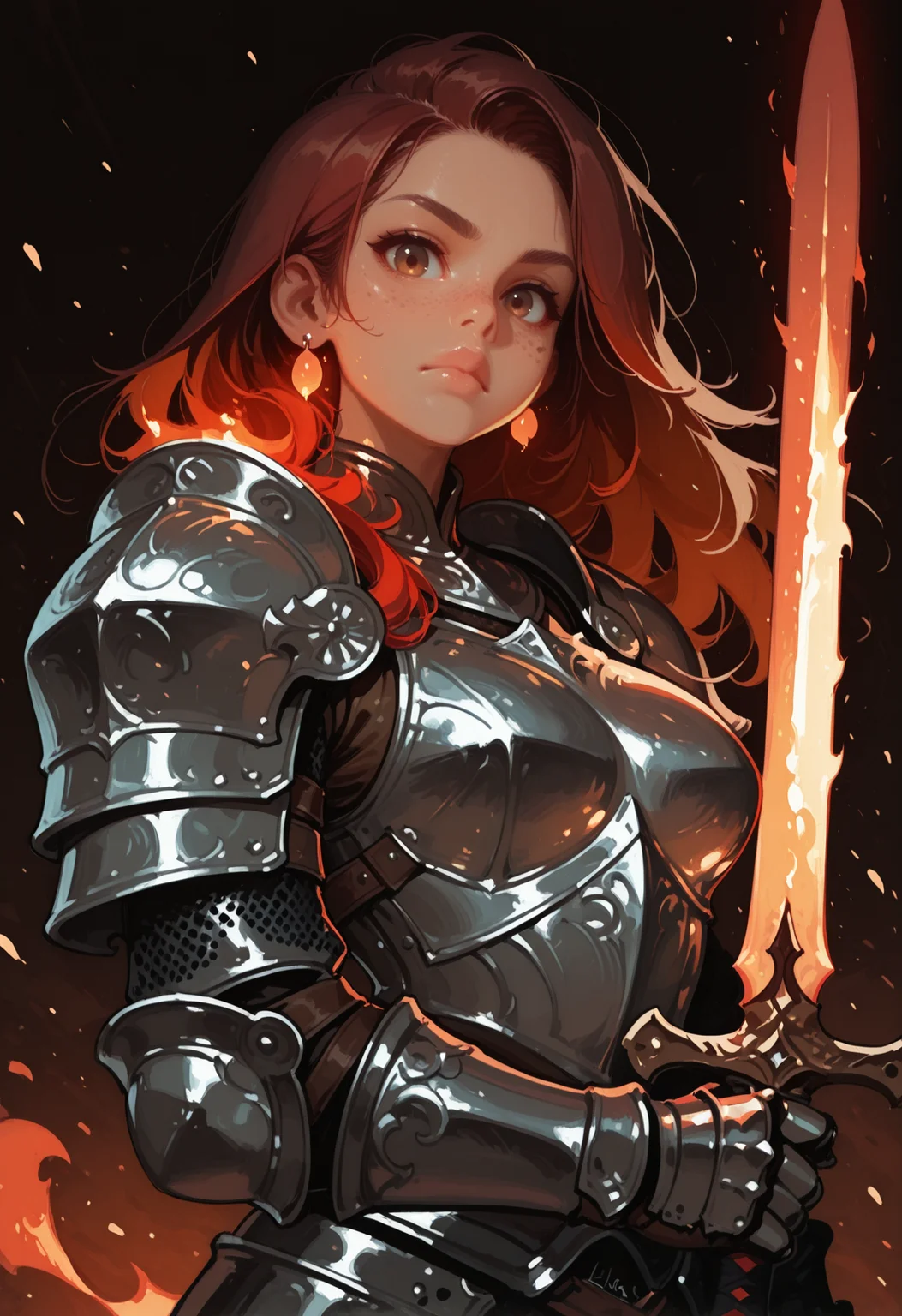 masterwork, masterpiece, best quality, dynamic lighting , dynamic pose, depth of field, ,
(lineless:1.5) ,<lora:B-mixxxlora:1.5>
1girl, armor, weapon, sword, solo, holding, holding sword, holding weapon, looking at viewer, gauntlets, freckles, , glowing weapon, shoulder armor, flaming weapon, red hair, lips, plate armor, embers, breastplate, signature, flaming sword, , upper body, glowing sword, fire, glowing, brown hair, artist name, long hair, brown eyes, pauldrons, earrings, closed mouth, breasts, serious